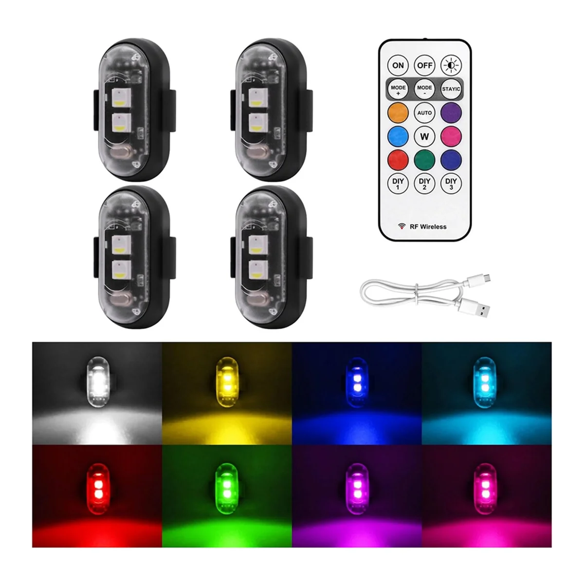 Luzes estroboscópicas LED sem fio com controle remoto, impermeável luzes de advertência de emergência, carregamento USB, 8 cores, 4pcs